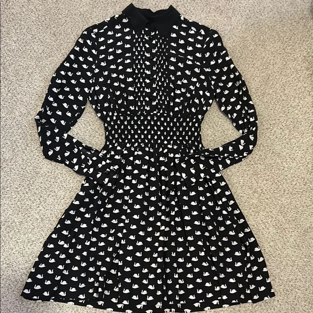 Kate Spade Swan Print Black & White Silk Rayon Dress, XS